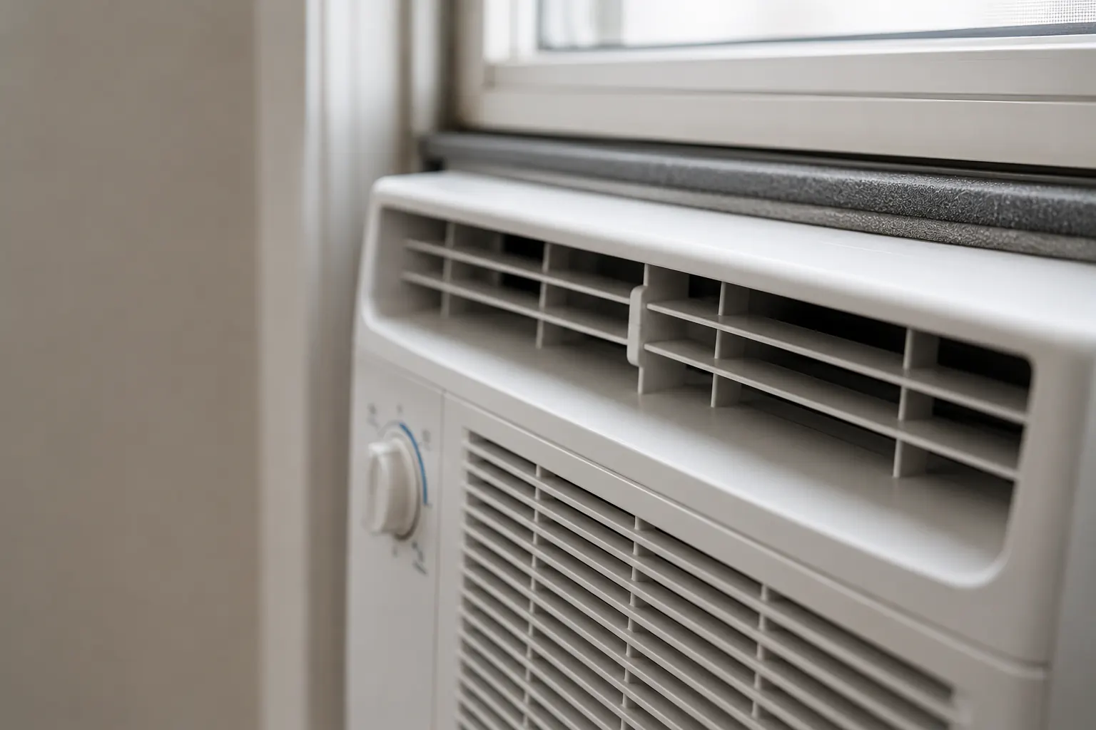 Window-mounted room air conditioner viewed from inside a home.