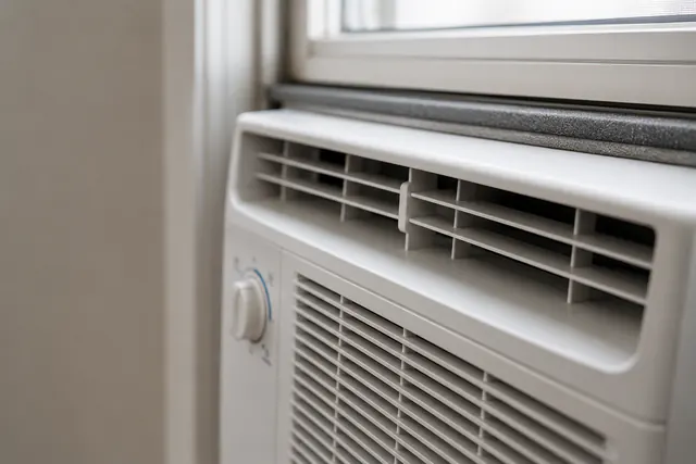 Window-mounted room air conditioner viewed from inside a home.