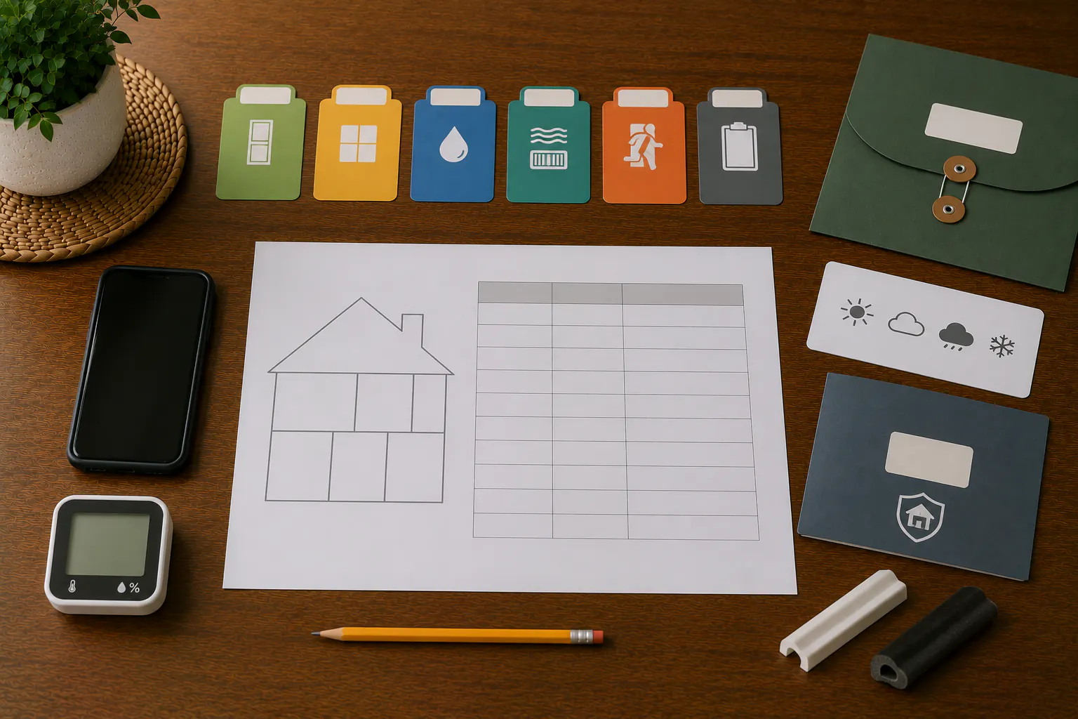 An overhead draft-audit workspace with a generic blank home outline, text-free category tabs, a pencil, a phone, a switched-off humidity gauge, a blank weather card, a closed folder, and two uninstalled seal samples.