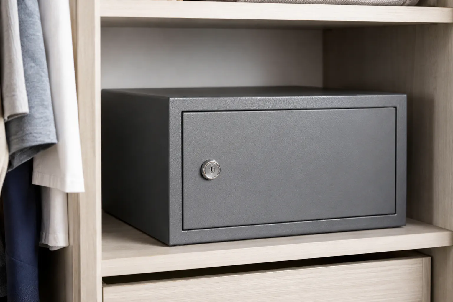 A plain closed steel lockbox with a key lock in the locked position, resting on a shelf in a tidy home closet.