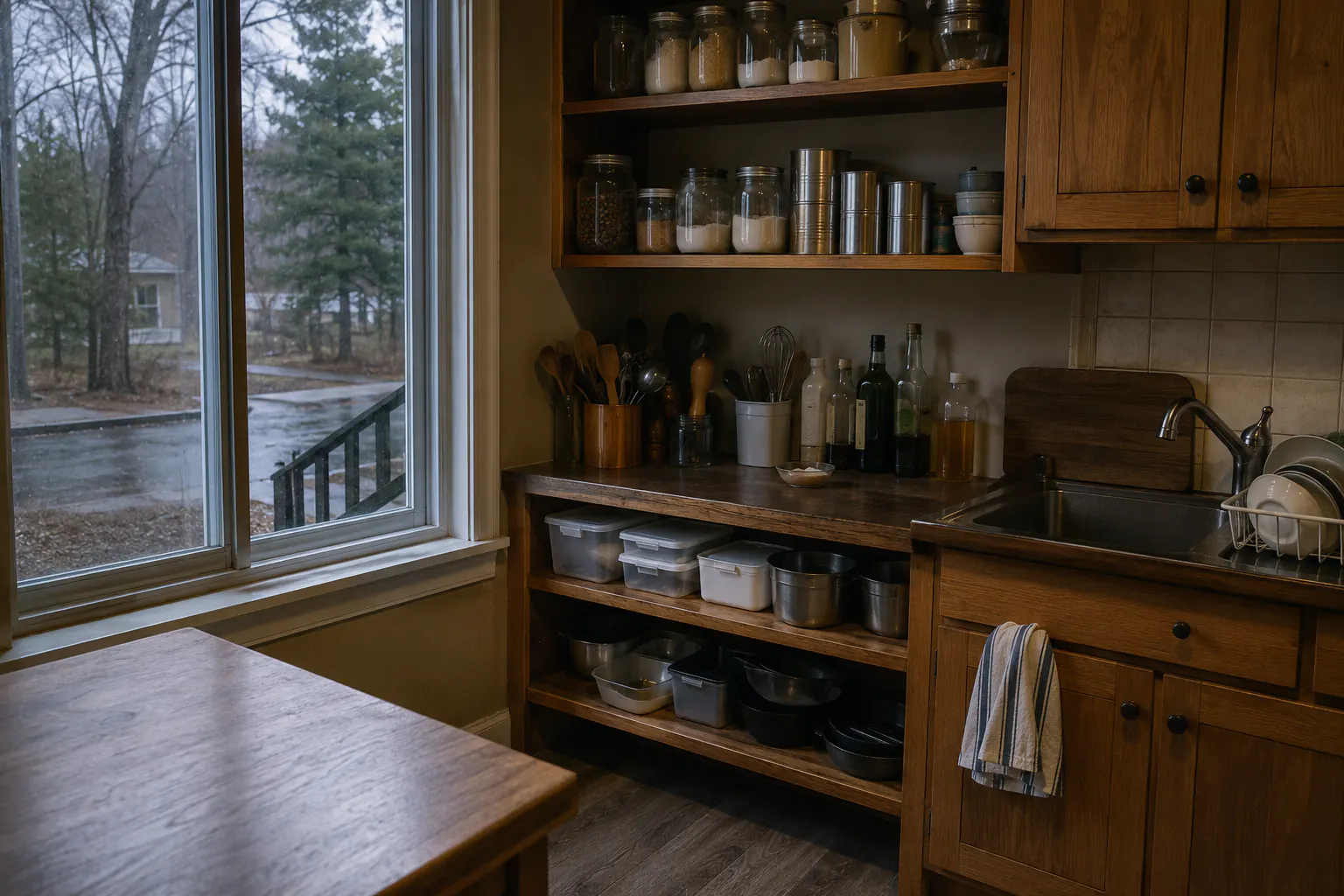 Organized household storage shelves beside a kitchen countertop.