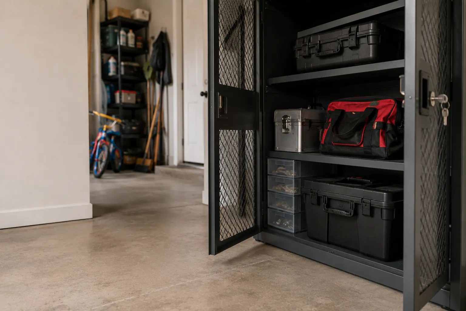 A garage storage wall with hand tools, storage bins, a secured gate, and an open exit path.