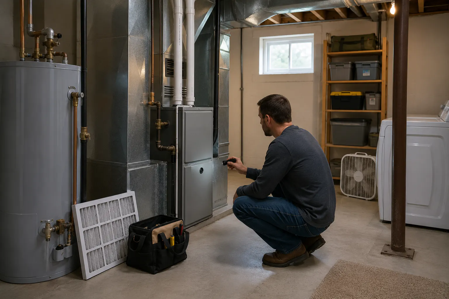 Homeowner inspecting a furnace and water heater in a basement utility room.