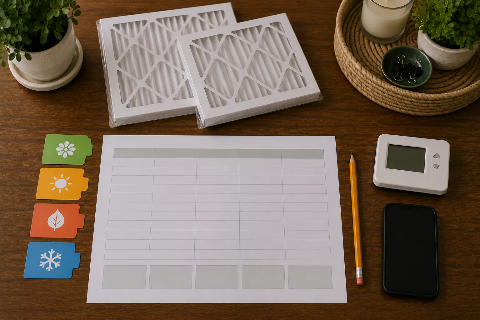 An overhead seasonal HVAC-maintenance workspace with two packaged replacement filters, a blank checklist, seasonal text-free tabs, a pencil, a generic switched-off thermostat, and a phone.
