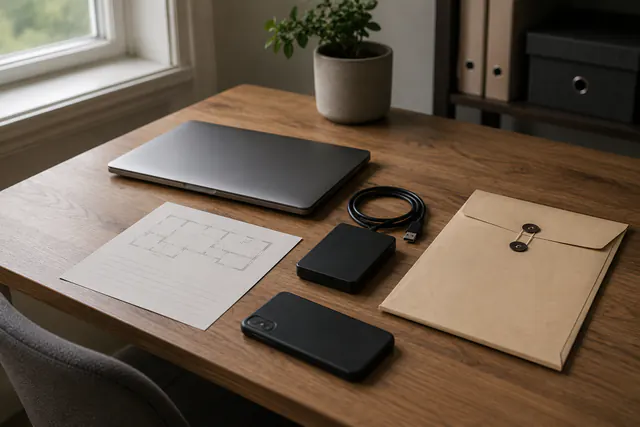 A closed laptop, a disconnected external drive with coiled cable, a sealed document envelope, a floor-plan sheet, and a phone on a desk.