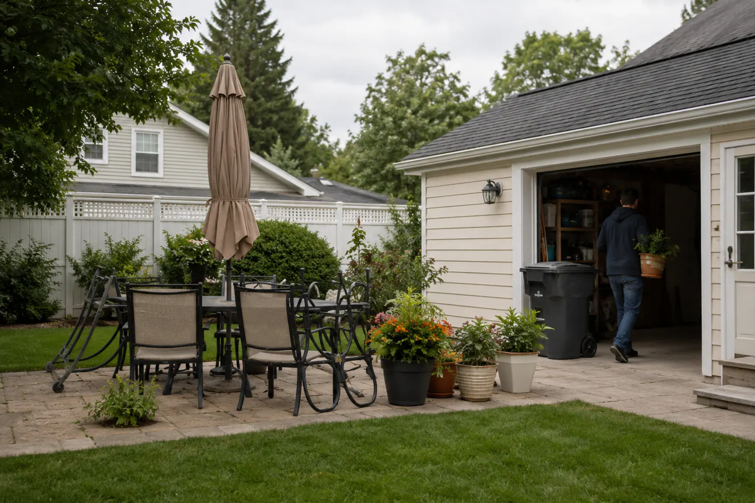 A suburban patio being cleared before a storm: a folded umbrella, gathered furniture, and potted plants moved toward an open garage, a figure carrying an item from behind.