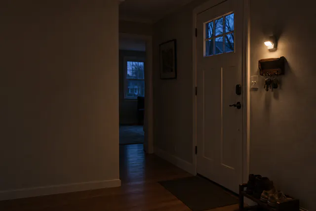 A battery-powered light glowing beside a front door at dusk, with keys on hooks and the hallway dark.