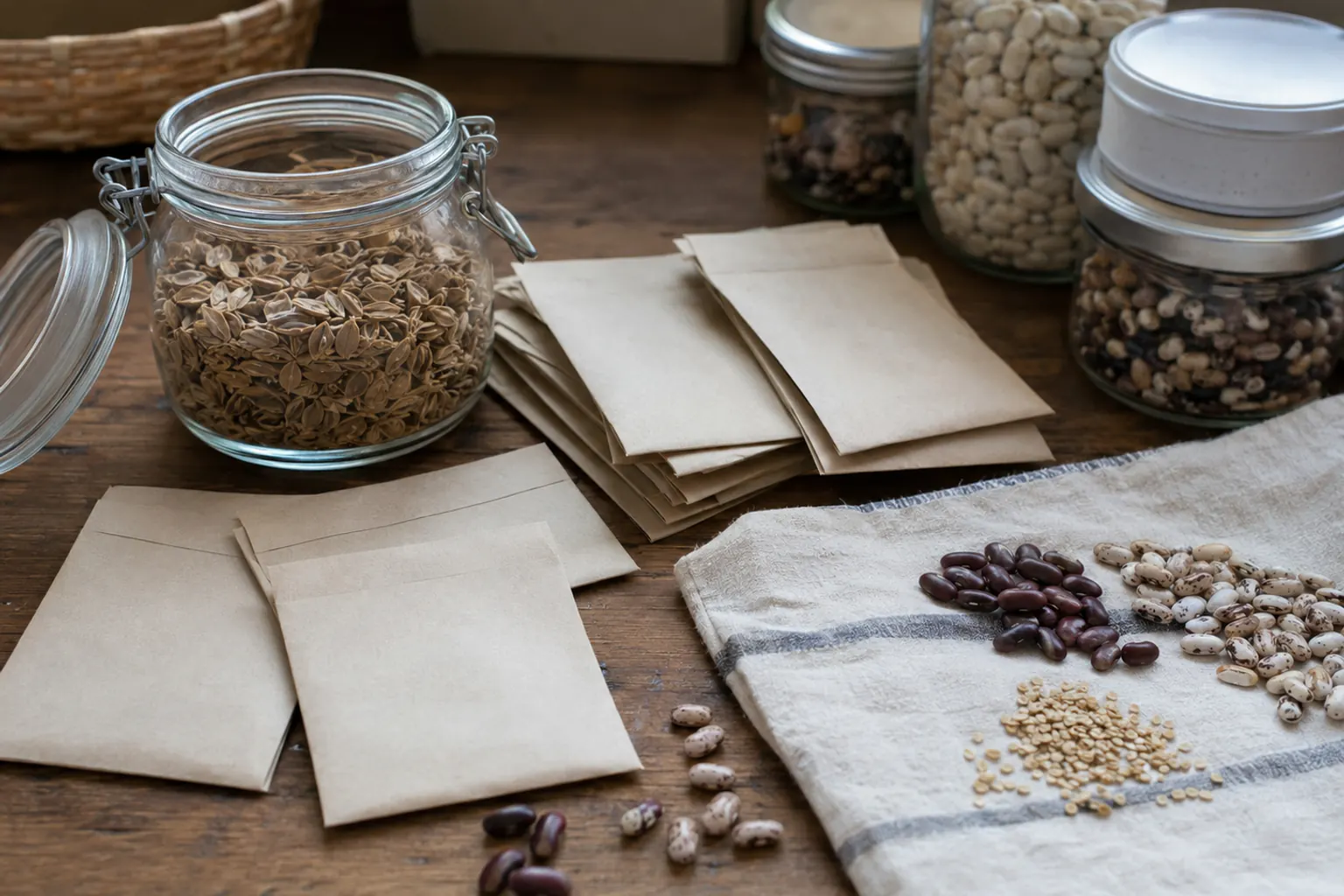 Home seed keeping on a wooden surface: blank kraft seed envelopes, an open glass jar of dried seed, jars of dried beans, and beans drying on a cloth.