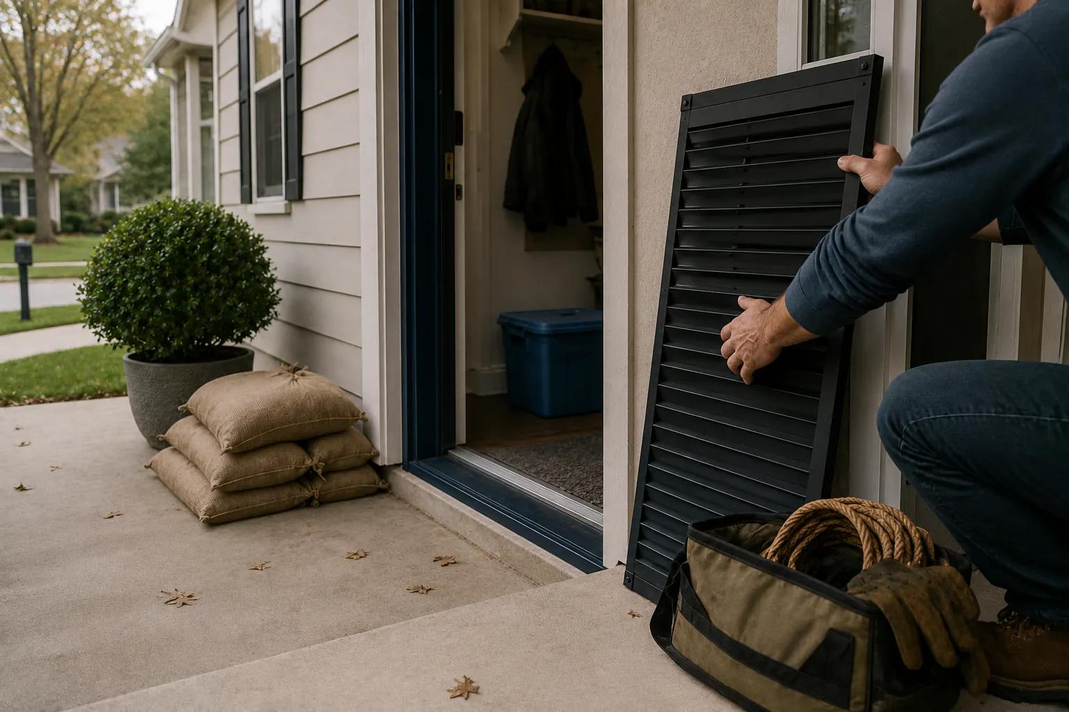 Person fitting a storm shutter beside a home entry before severe weather.