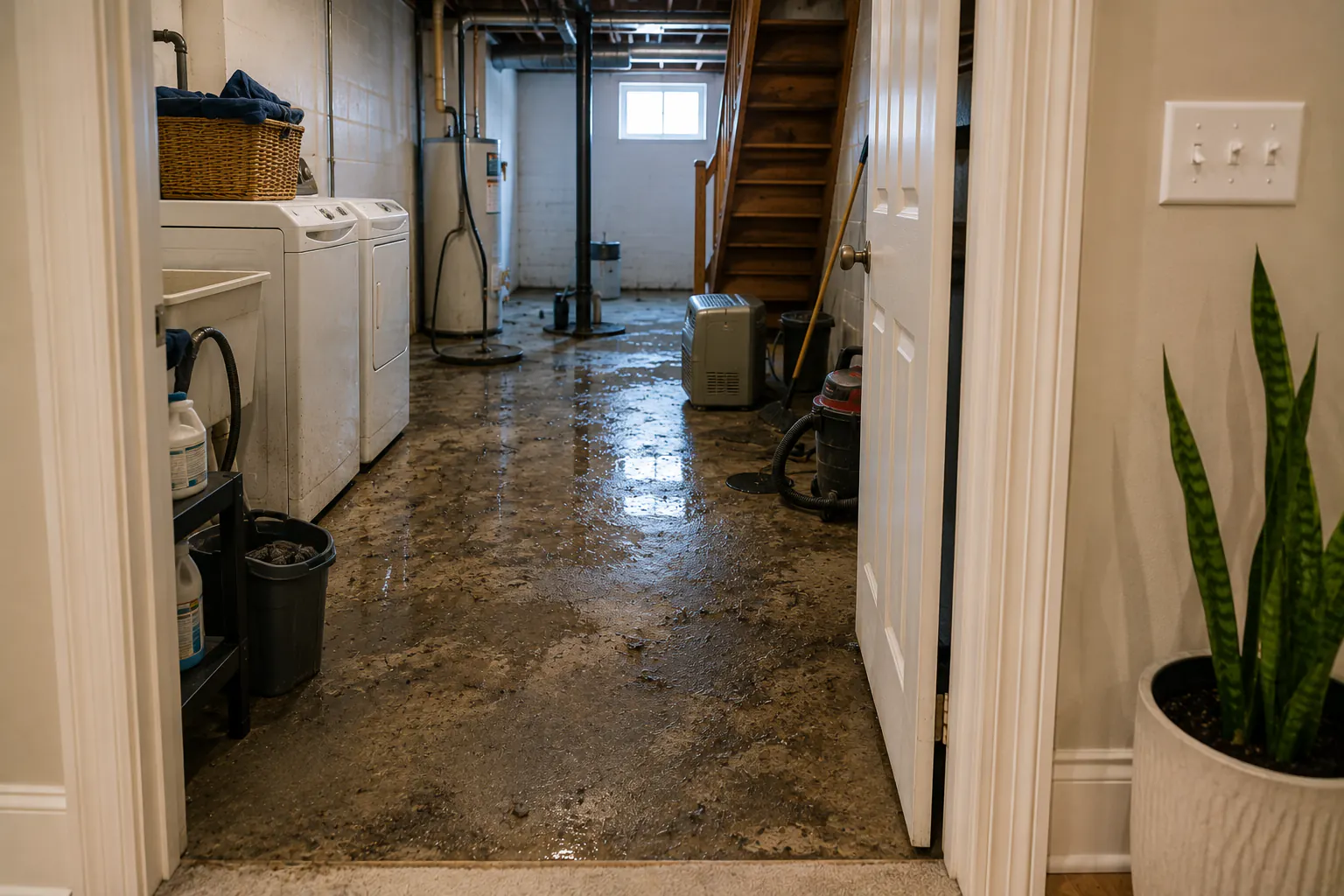 A closed bathroom door with a warning cone outside in an ordinary home, no waste, cleanup, or person shown.