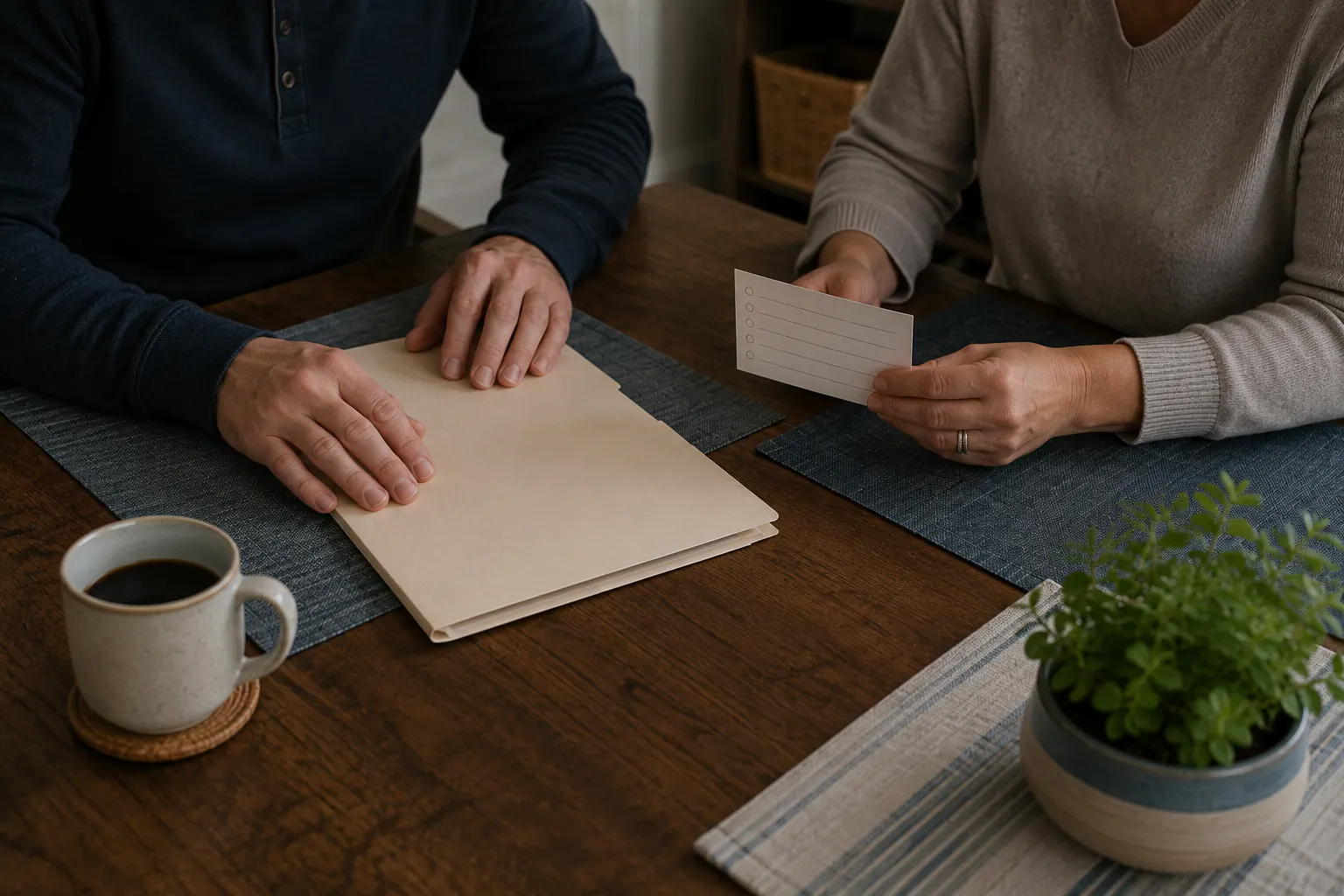 Two people seen without faces at a table, one holding a folder and the other a blank access card, with coffee and a plant.