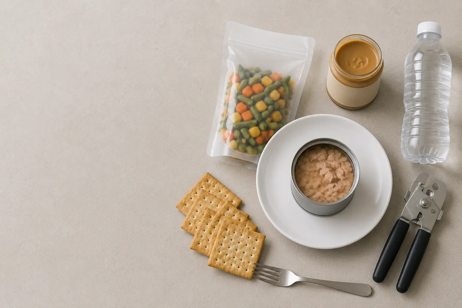 An open plain can on a plate beside crackers, a sealed food pouch, a jar, water bottle, manual can opener, and fork on a neutral surface.