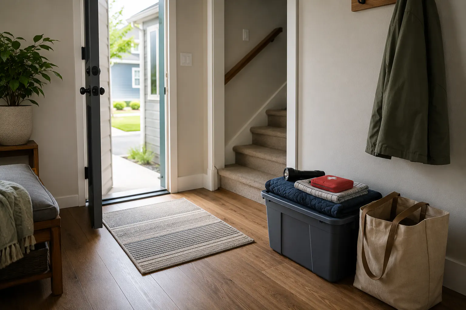 An entryway with a staged supply bin, folded blankets, a flashlight, a first-aid pouch, and a tote bag beside clear stairs.