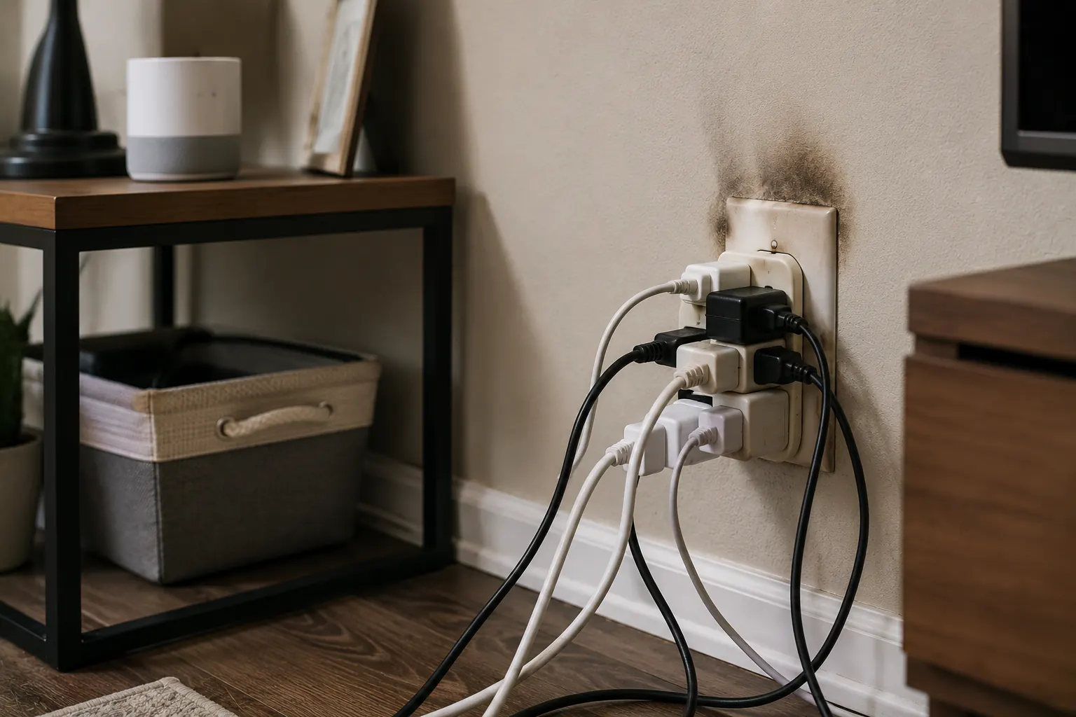 A wall outlet with a single plug in an ordinary room, viewed straight on, no overload or damage shown.