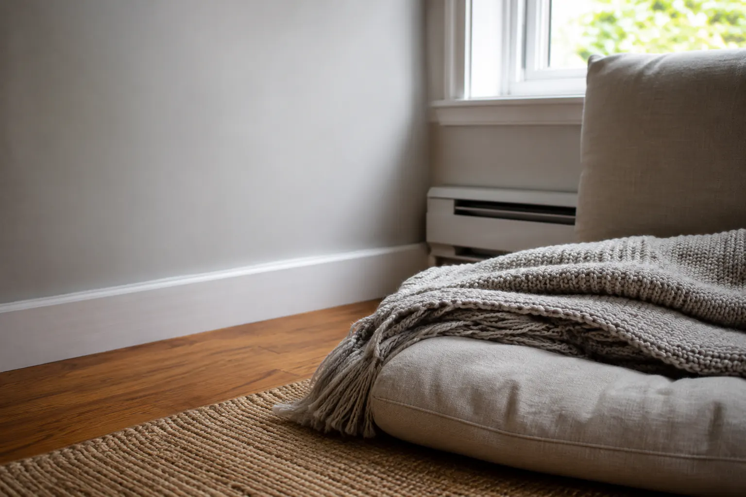 A floor cushion and a knit blanket arranged in a quiet corner near a window and a baseboard heater.