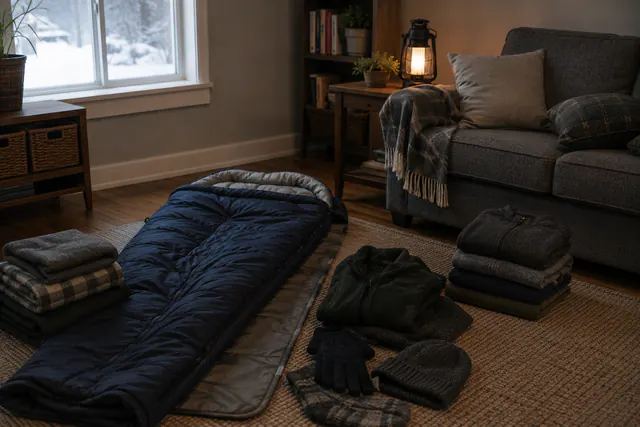 Sleeping bag, folded blankets, and cold-weather clothing arranged in a living room.