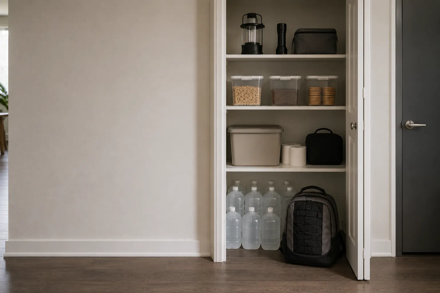 An organized apartment closet with small unbranded water containers stored low, plain sealed food containers on a middle shelf, a closed sanitation tote, a flashlight, and a compact battery bank.