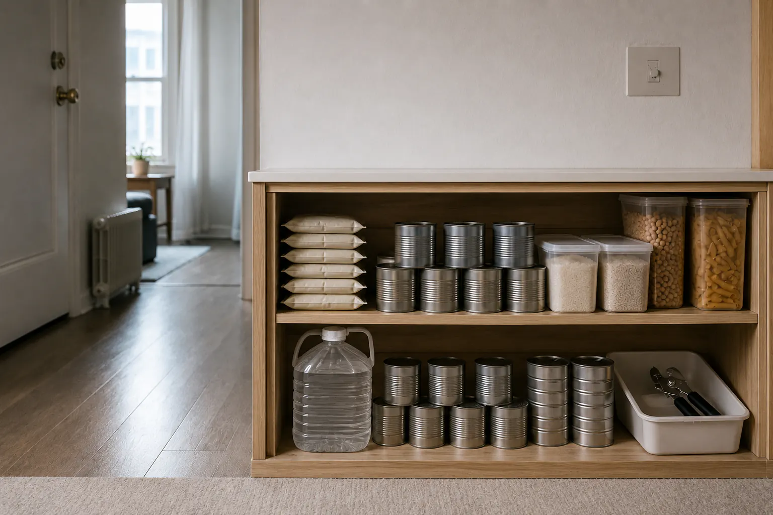 A low apartment cabinet holding blank cans, dry goods, storage containers, a water container, and a manual can opener beside a clear walkway.