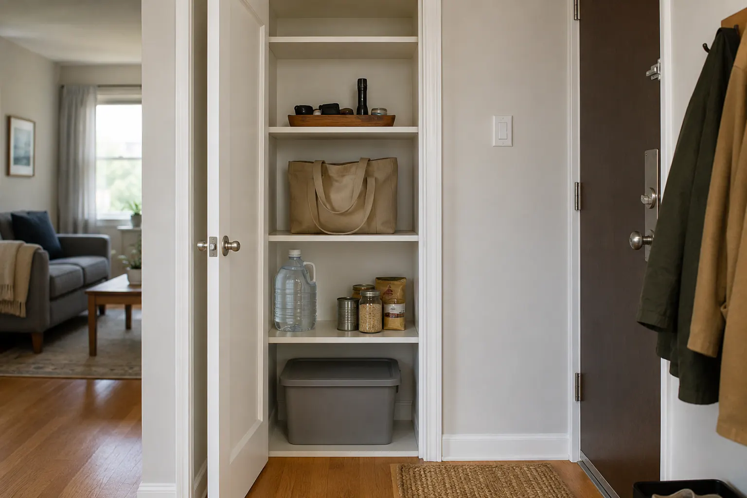 A compact apartment entry closet with a carry bag, water container, pantry items, and plain storage tote beside a clear door.