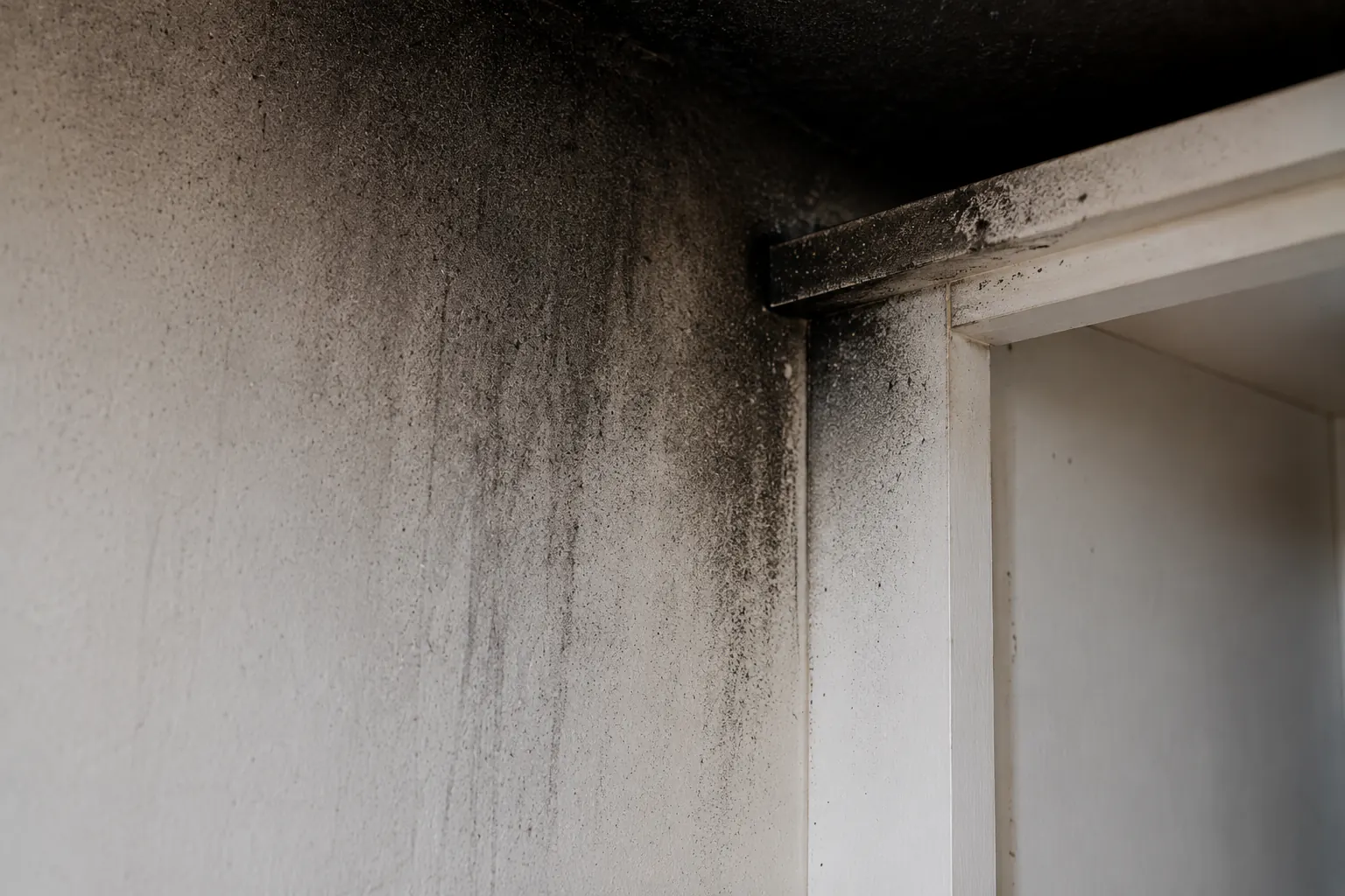 A soot-marked interior wall after a small household fire, with no cleaning in progress and nobody present.
