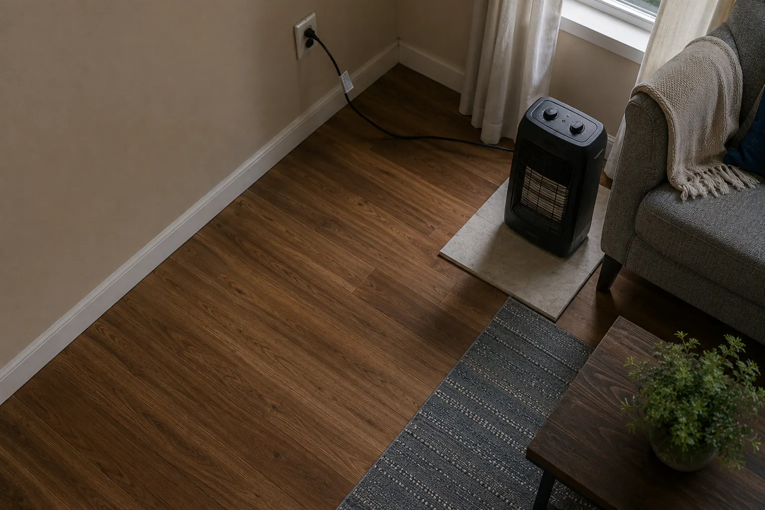 A portable space heater switched off on a hard protective mat, plugged directly into a wall outlet with clear space around it.