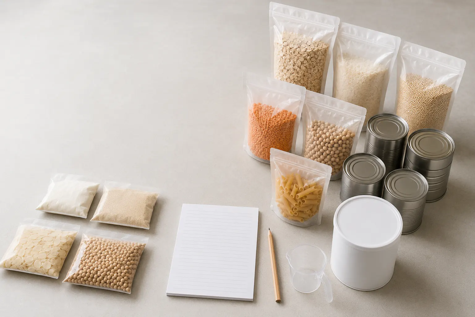 Separated plain pouches, cans, dry foods, storage container, measuring cup, pencil, and blank ruled planning sheet on a neutral table.