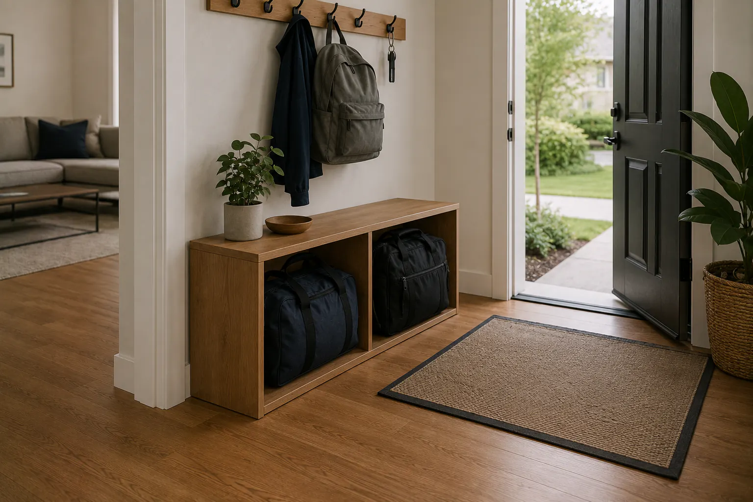 A go-bag stored on a low shelf near an entryway, clear of the door swing and the walkway, in an ordinary home.