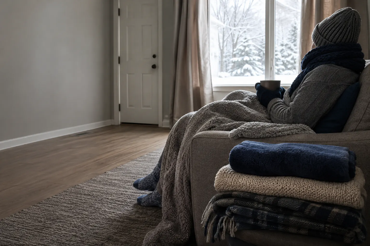 A person wrapped in a blanket, hat, scarf, and gloves on a sofa beside a stack of folded blankets and a snowy window.