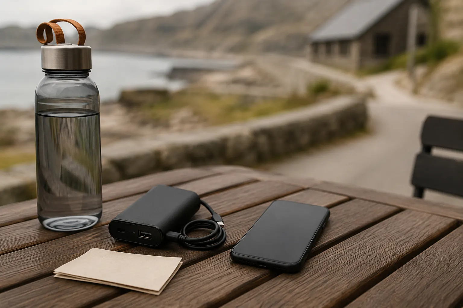 A water bottle, a power bank with a coiled cable, folded blank paper notes, and a dark phone on an outdoor wooden table overlooking an open coastal landscape.