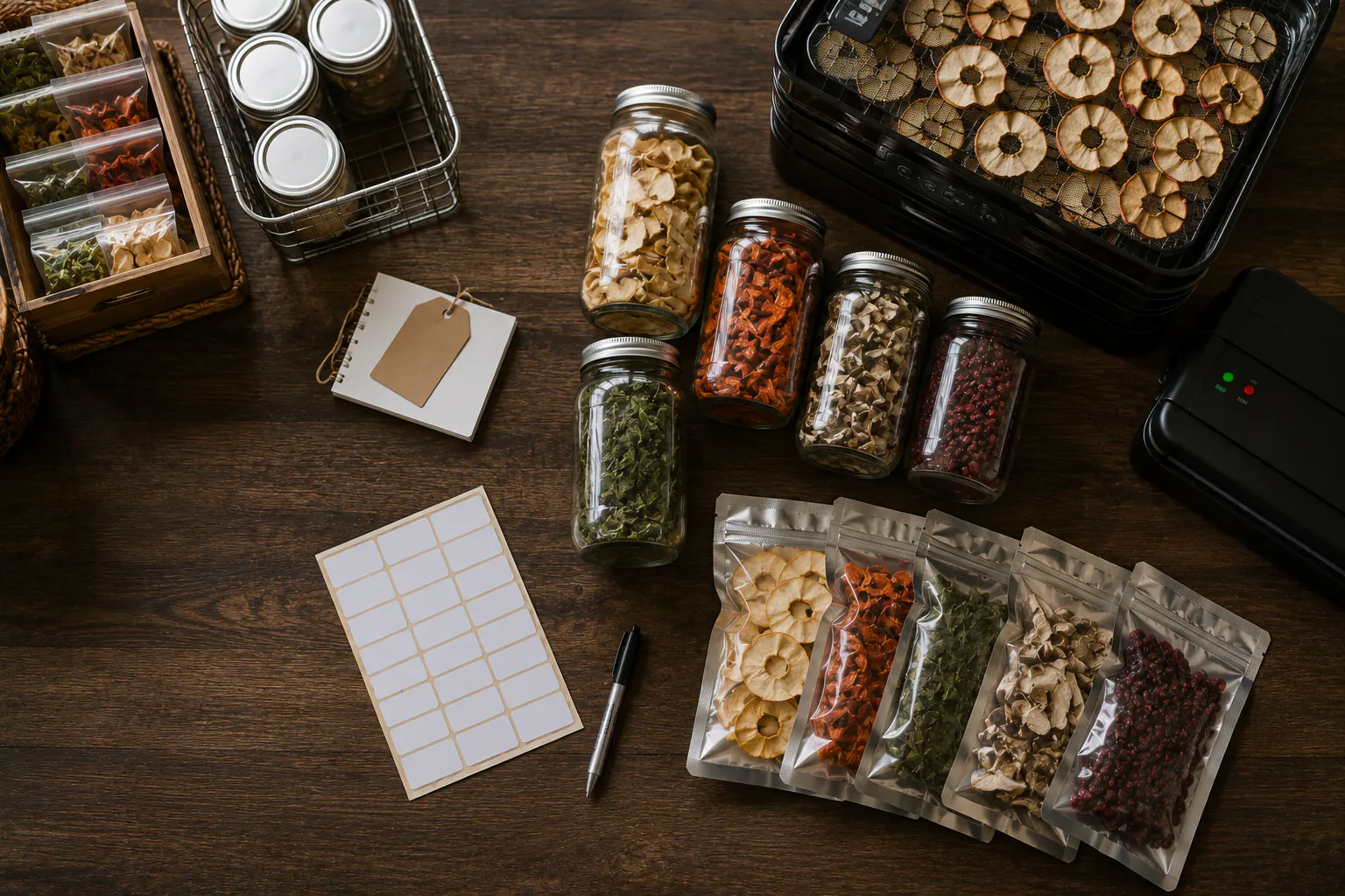 Jars, dried food packages, a vacuum sealer, and moisture-control packets on a kitchen counter.