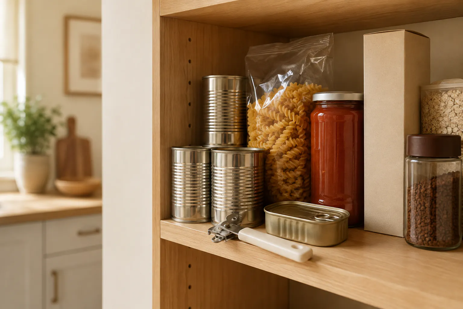 A kitchen cupboard shelf holding unlabelled tins, a bag of dried pasta, a jar of sauce, a carton, a tin of fish, jars of oats and coffee, and a manual can opener.