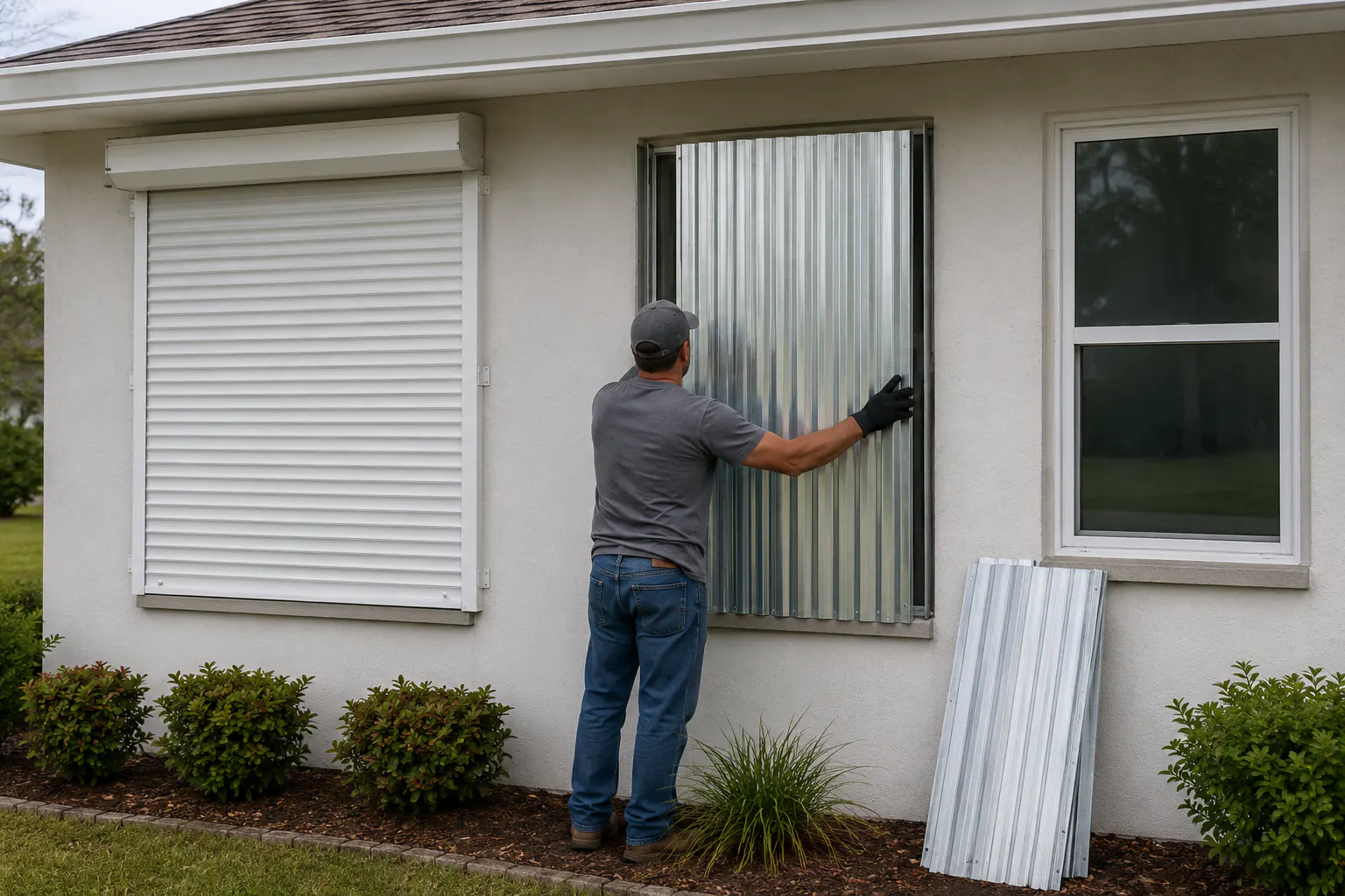 A home exterior with one window under a closed roll-down shutter and another being fitted with removable metal panels, spare panels leaning nearby.