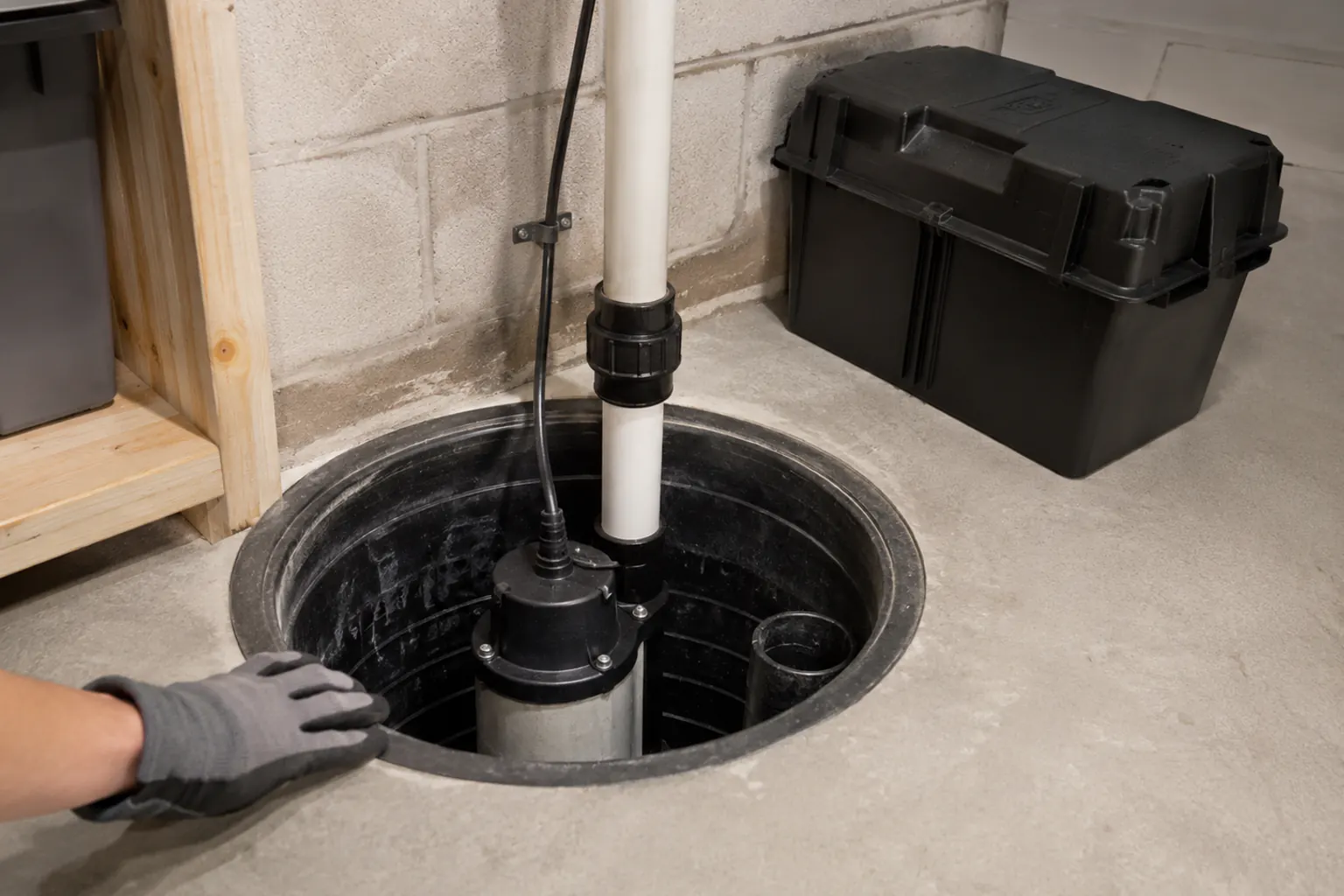 A sump pump in a clean dry basin with its discharge pipe and a battery-backup box beside it, a gloved hand checking the pit.