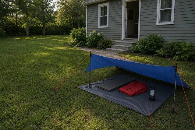 A plain rectangular tarp pitched low over an empty groundsheet with freestanding poles and visible guy lines, in a maintained backyard beside a house on a dry day.