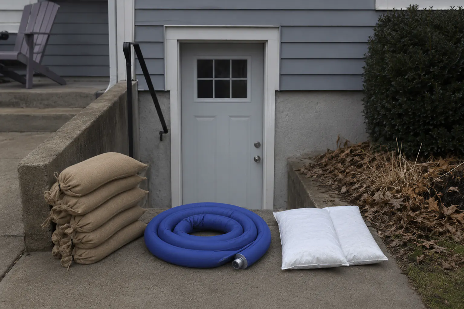 A stack of sandbags, a coiled reusable water-filled tube barrier, and absorbent flood bags set on dry pavement by a low doorway.
