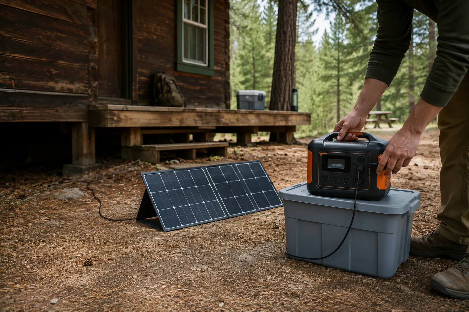 A person connecting a portable power station and small solar panel beside a cabin.