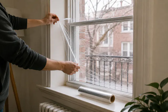 A person applying clear window film to a tall apartment window above a radiator.