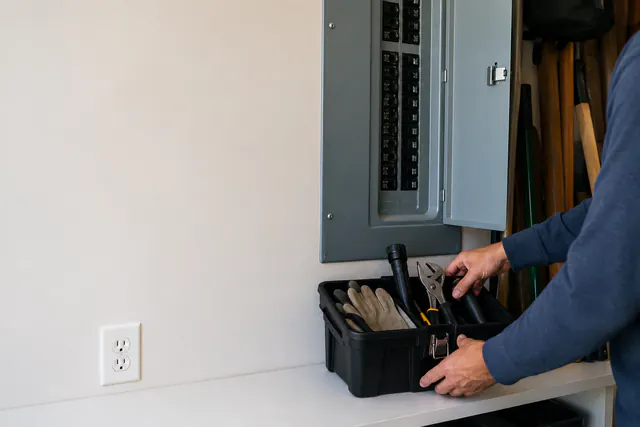 A person standing beside an electrical panel with a toolbox on the floor.