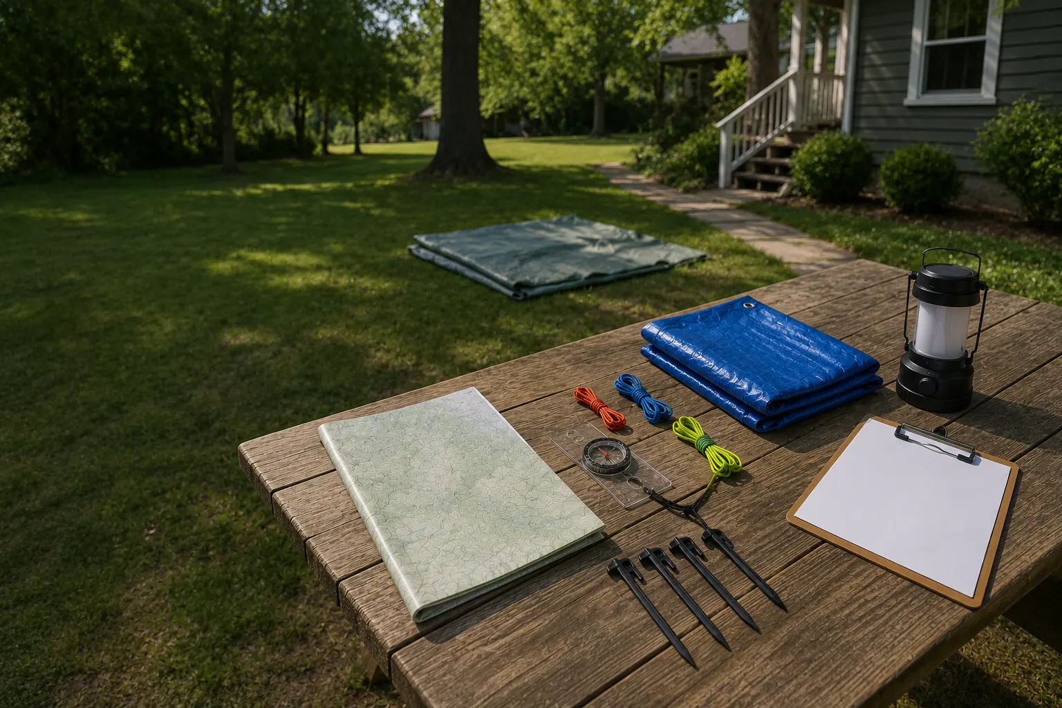 A folded blank topographic-style map and a plain baseplate compass on a picnic table during supervised outdoor skills practice in a maintained park day-use area.