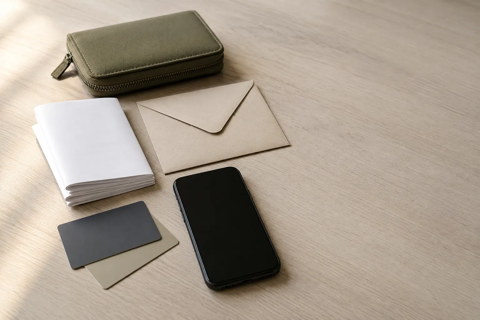 Folded blank paper copies, two unmarked cards lying face down, a plain envelope, and a dark phone arranged on a light wooden desk beside a zip wallet.