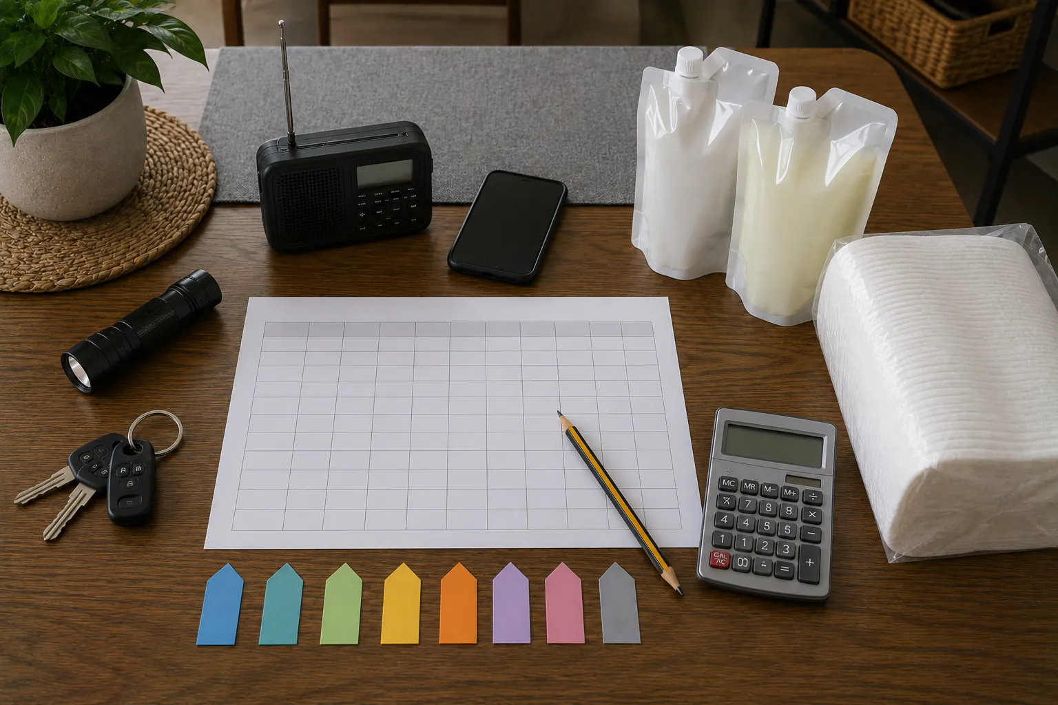 An overhead dining-table workspace with a blank fourteen-column tracking sheet, a pencil, keys, a phone, a radio, a calculator with a blank display, two sealed soap refills, a sealed paper-product package, a flashlight, and blank color tabs.