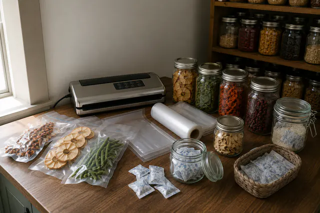 A counter with a vacuum sealer, jars of dried food, and unlabelled storage containers.