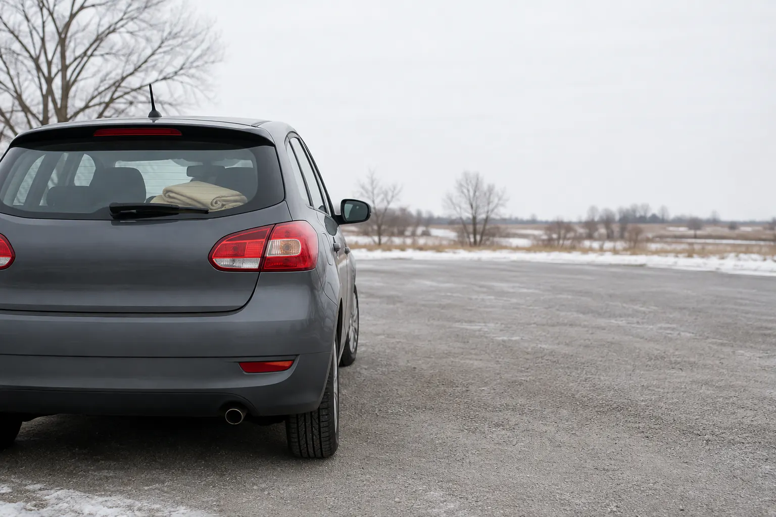The rear of a parked, switched-off car in a winter lot, photographed so the tailpipe and the clear ground around it are visible, with a folded blanket on the back seat.