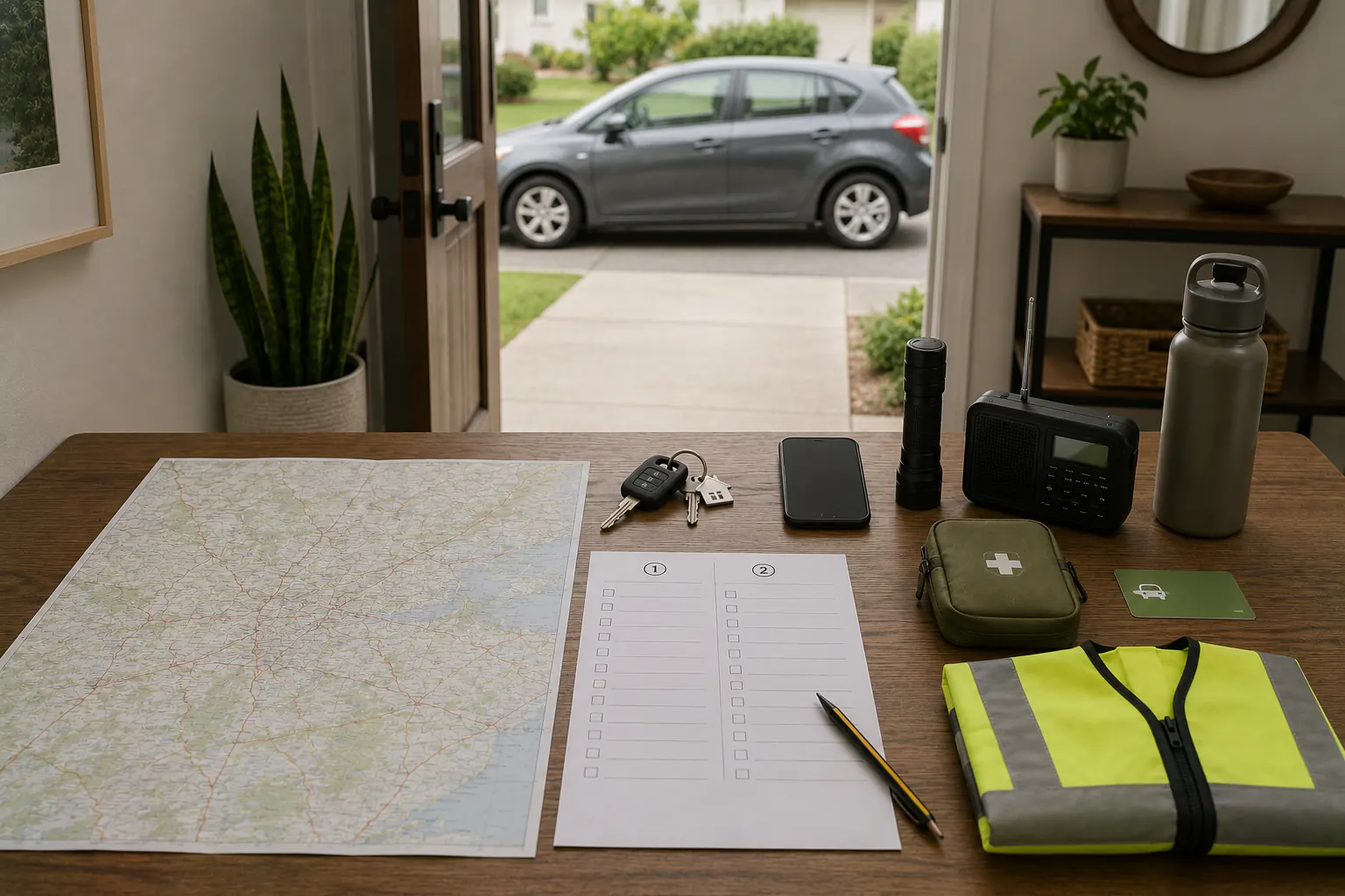 A table near an open doorway with a blank regional map, a two-route planning sheet, keys, a phone, a flashlight, a radio, a water bottle, a first-aid pouch, and a folded hi-vis vest; an ordinary hatchback is parked on the driveway outside.