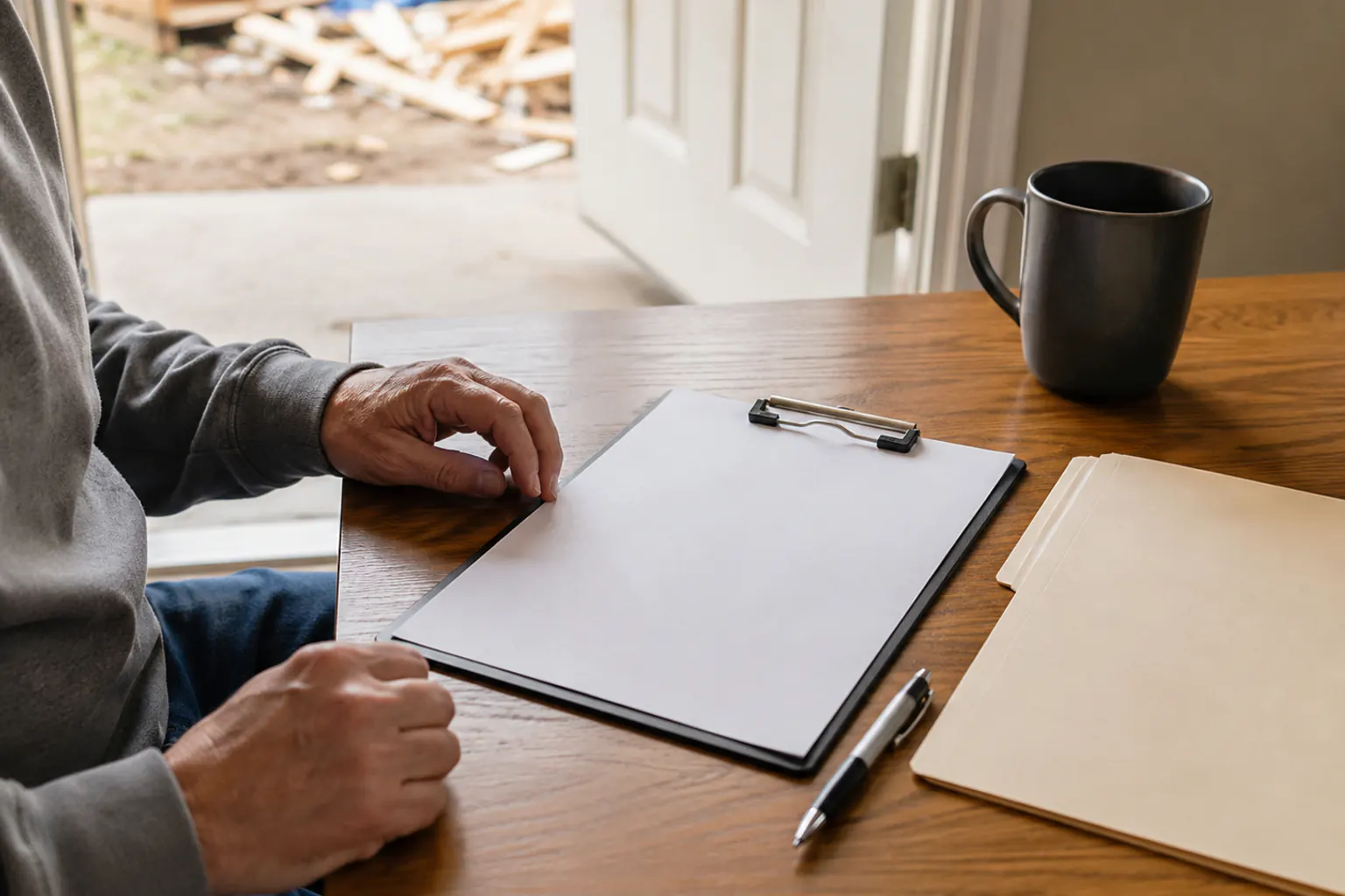 A blank, unsigned clipboard page and a pen on a table by a folder and mug, a person seated, with storm debris visible through an open door behind.