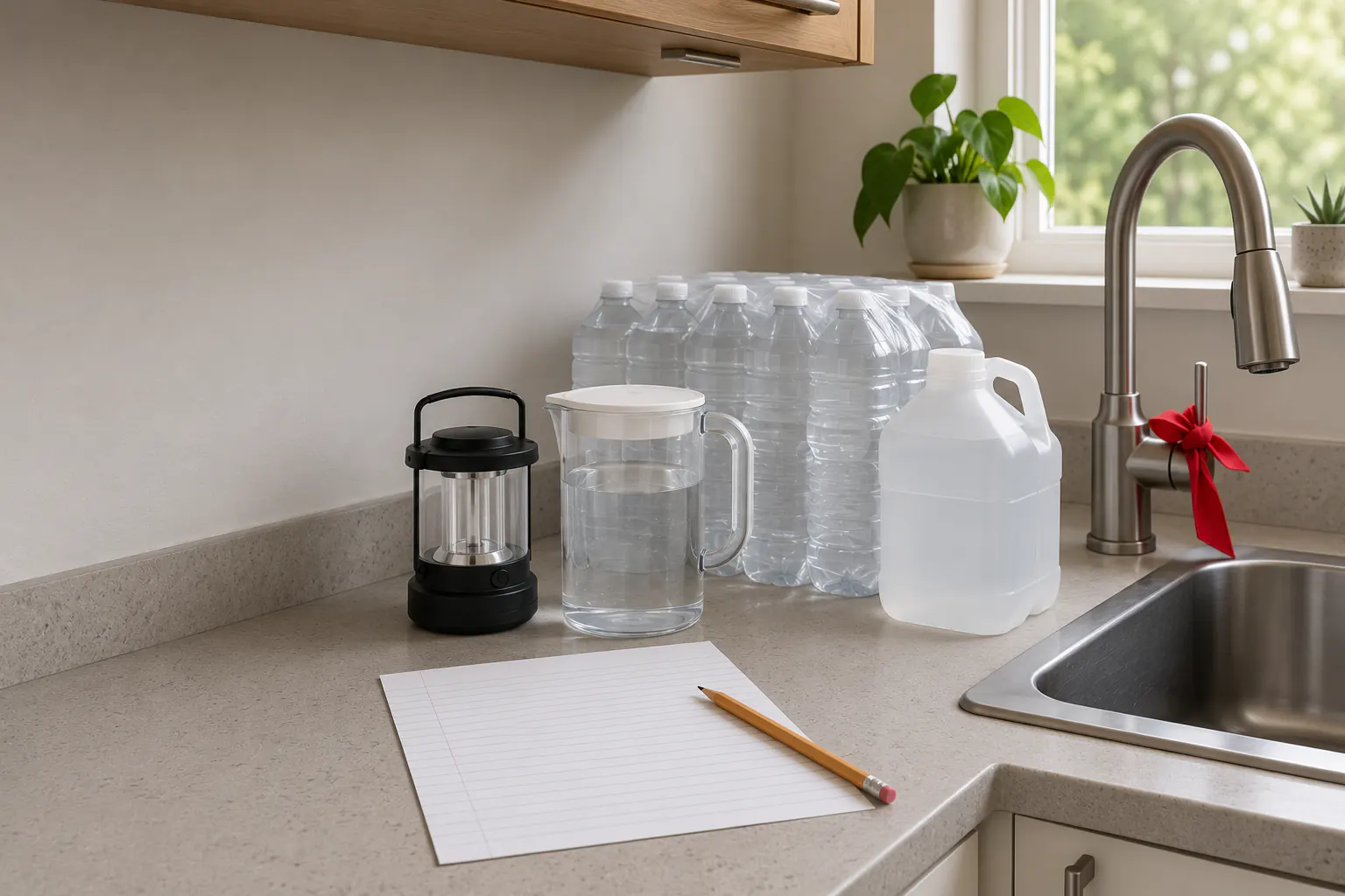 A kitchen faucet visibly not running beside a closed bottled-water case with blank packaging, a plain food-grade water container, and a clean pitcher during a precautionary advisory.