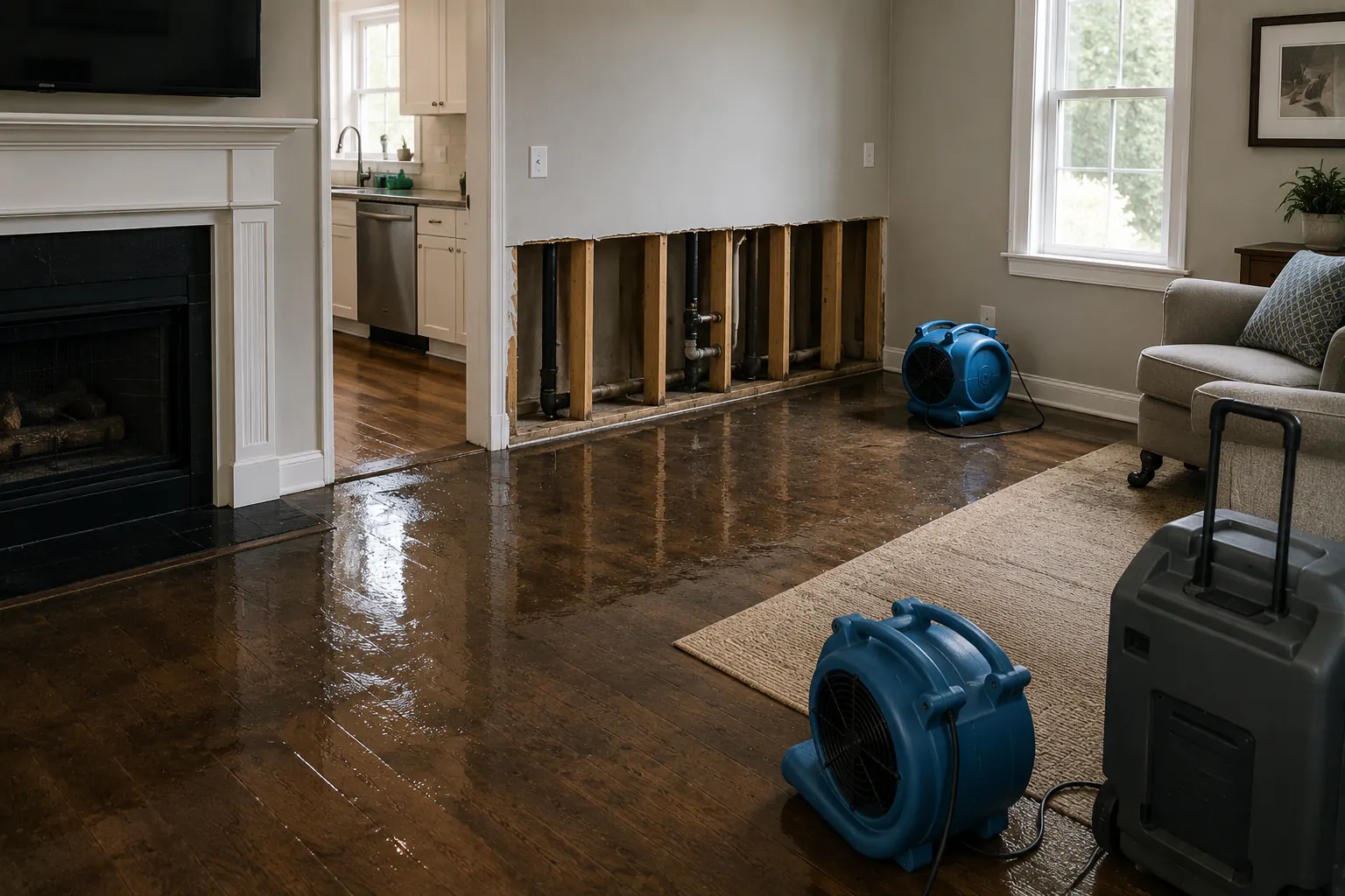A wet floor with standing water beside a stopped source in a home interior, no cleanup or person shown.