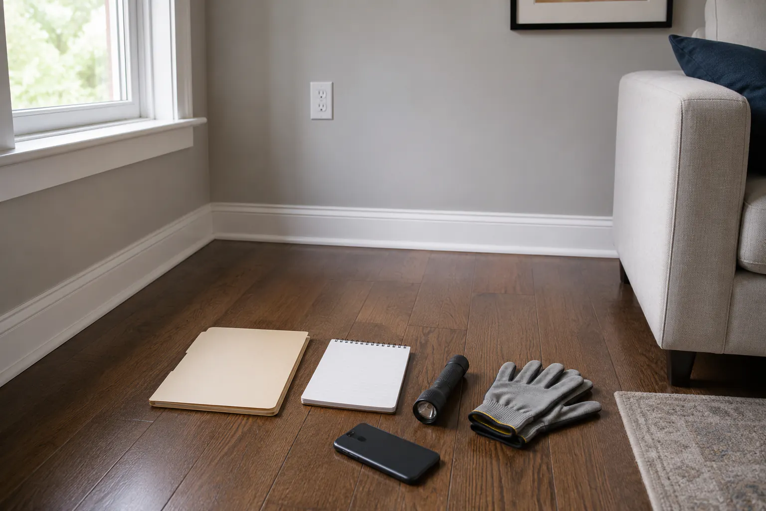 A clean dry room corner after a resolved incident: a closed plain folder, a blank notepad, a switched-off flashlight, clean work gloves, and a face-down phone on the floor.