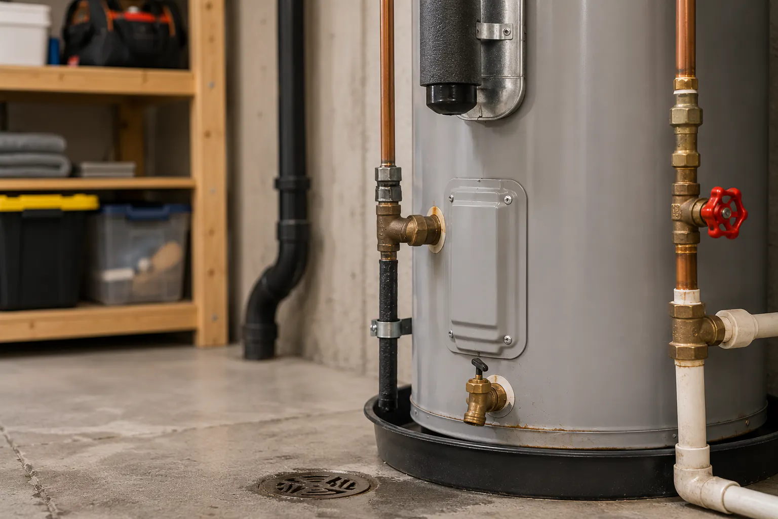 A residential water heater in a utility space with its shutoff valve visible, photographed straight on, no work in progress.