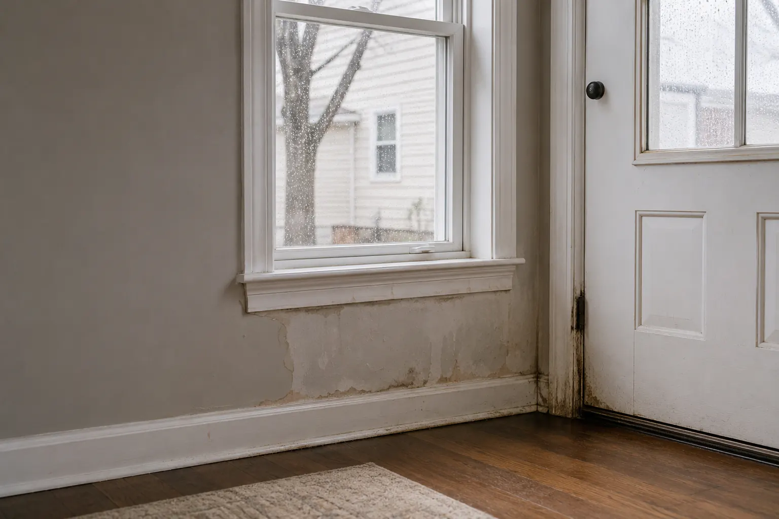 A close view of peeling paint and water staining along the bottom of an interior wall below a window.